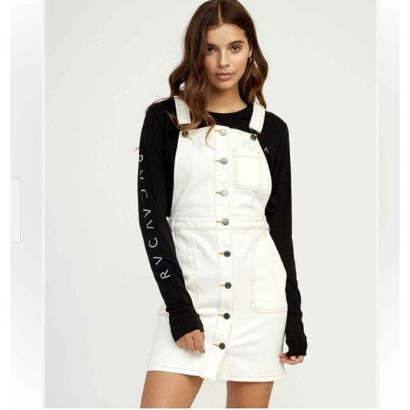RVCA White Denim Overall Skirt Dresses Size XS Pockets  Conquer - Picture 17 of 17